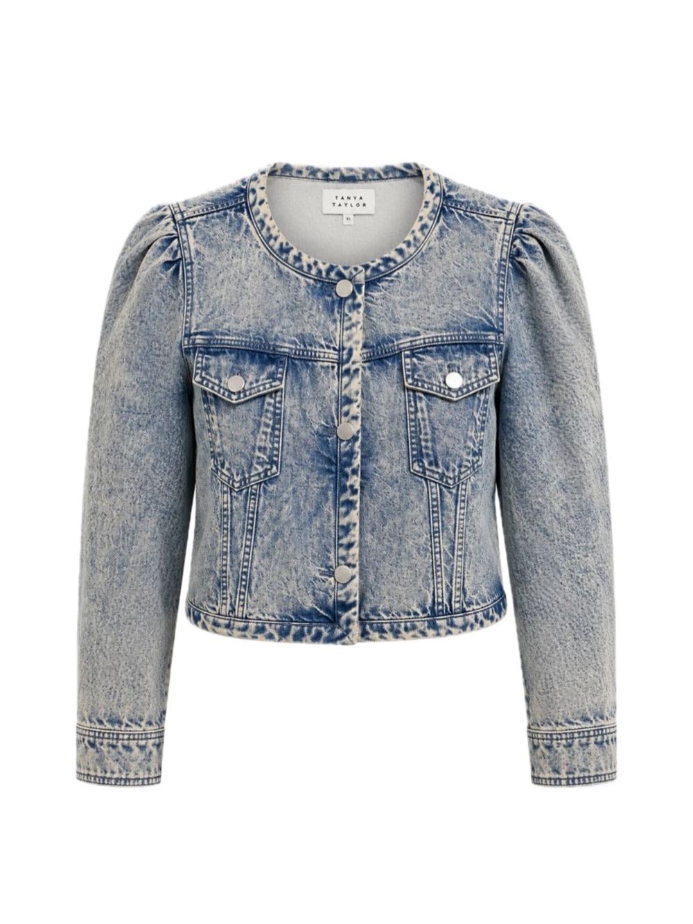Tanya Taylor Cropped Acid-Wash Denim Jacket in Blue and Cream